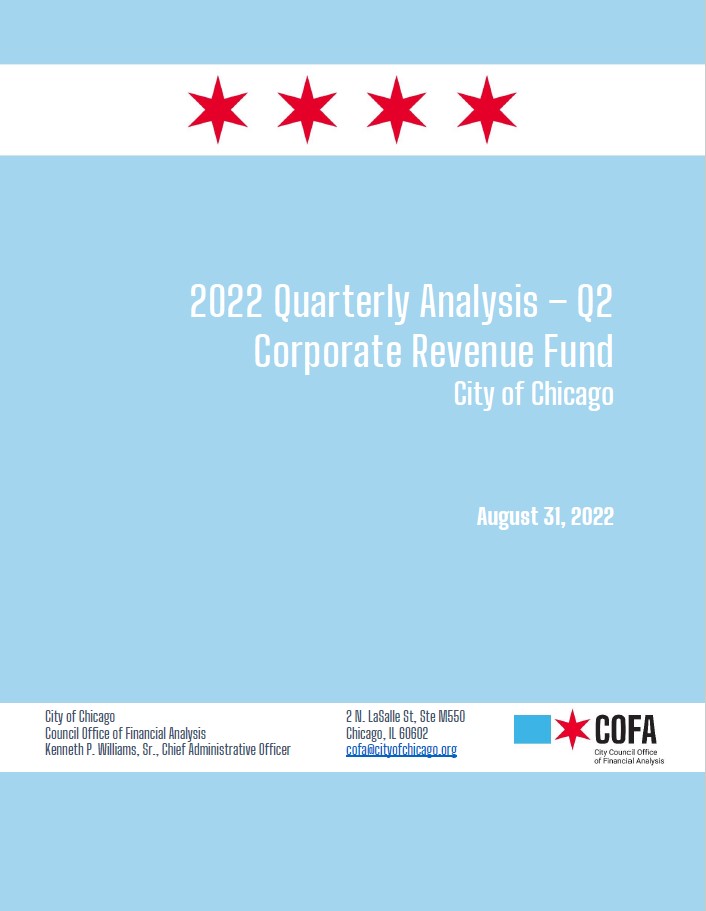 Image of cover page to COFA's Quarterly Budget Analysis for the City's Corporate Revenue Fund through Q2 2022.