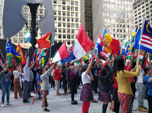 Flags of different countries in the Daley Plaza