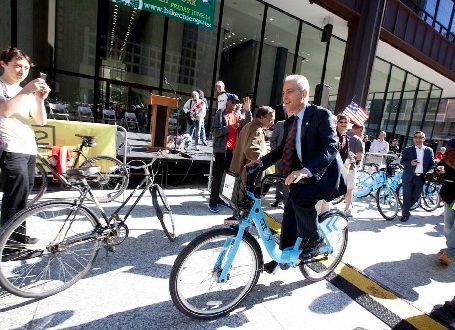 Mayor Emanuel on a Divvy Bike
