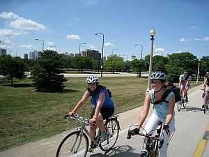 Bicyclists ride on the Lakefront Trail through Burnham Park
