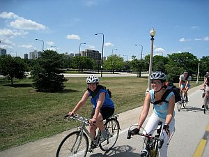 Bicyclists ride on the Lakefront Trail through Burnham Park Bicyclists ride on the Lakefront Trail through Burnham Park