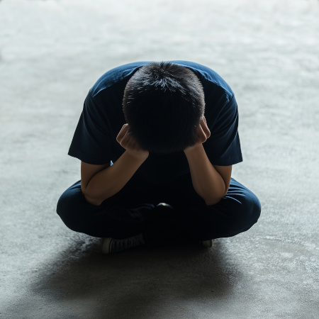 CDPH Intro Pic - Bullying Prevention child seated in shadow, with head in hands