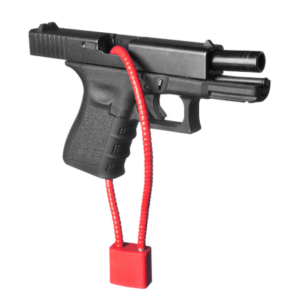 CDPH Intro Pic - Gun Safety image of a handgun secured with a red cable gun lock