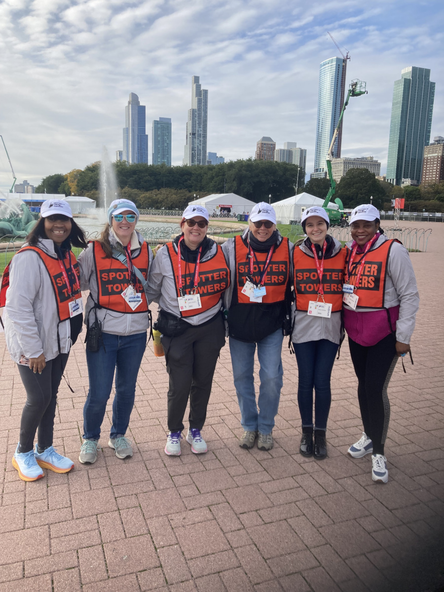 Volunteers ready to work in the spotter towers at the Chicago Marathon