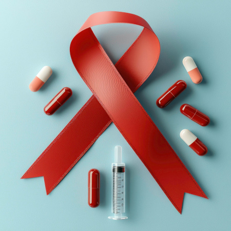 CDPH Intro Pic - HIV, AIDS, and STI Resources A red ribbon surrounded by various pills and a syringe, symbolizing awareness and treatment related to HIV/AIDS.