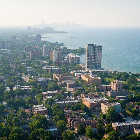 Intro Pic - OVP Resources Chicago skyline and South Shore neighborhood, aerial view