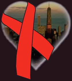 Heart with red ribbon wrapped around, image of Chicago within
