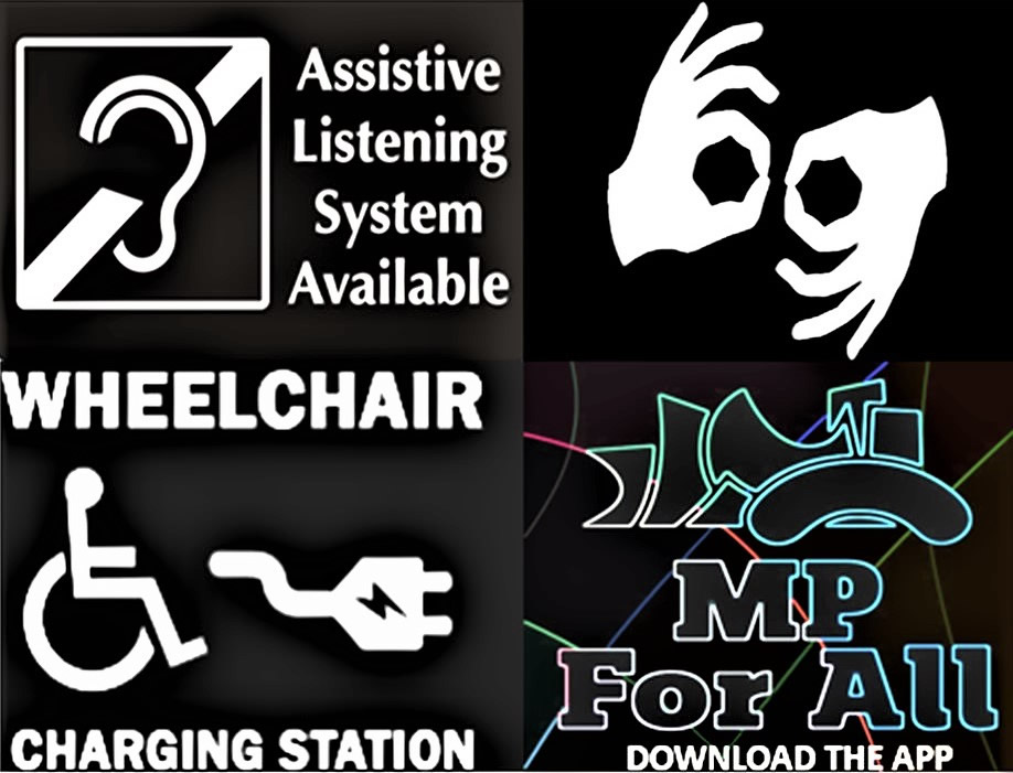 Image of accessibility services icons including Assistive Listening System, Wheelchair charging station, American Sign Language Interpretation and Millenium Park for All (download the app)