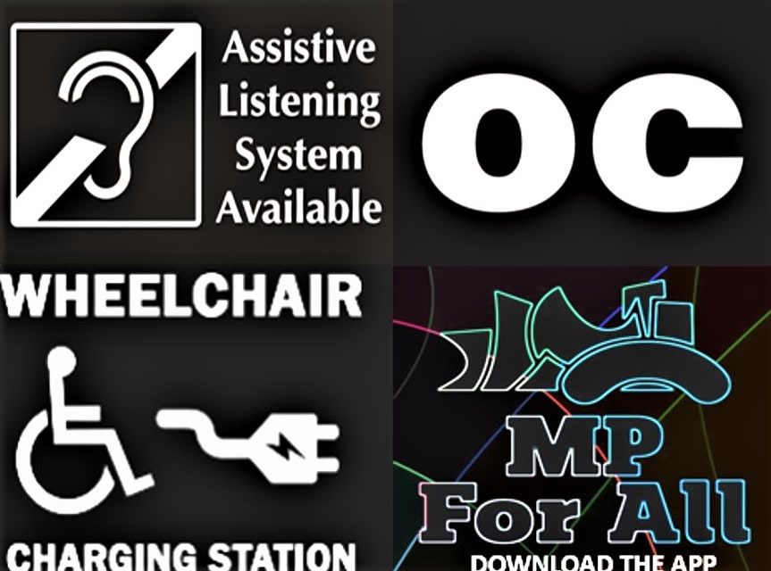 Image of accessibility services icons including Assistive Listening System, Wheelchair charging station, Open Captioning and Millenium Park for All (download the app)