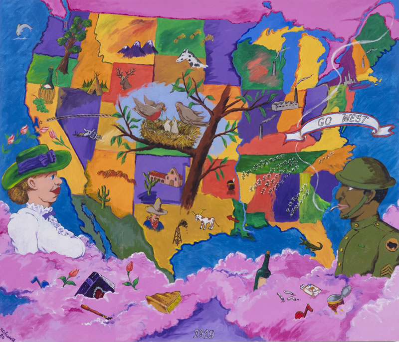 GO WEST, 1980. Acrylic on canvas. Courtesy of The Robert H. Colescott Separate Property Trust and Blum & Poe, Los Angeles/New York/Tokyo. Photo Credit: Joshua White. © 2021 The Robert H. Colescott Separate Property Trust / Artists Rights Society (ARS), New York.