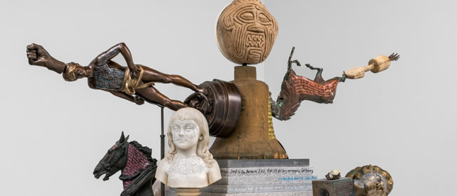 American Golem; 2022; Found antiques, paper mache sculpture, granite, wood, metal base; Image courtesy of artist & Rhona Hoffman Gallery