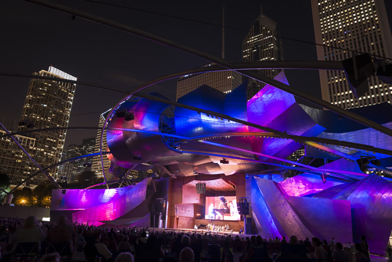 Crowd enjoying a performance at Jay Pritzker Pavilion in Millennium Park