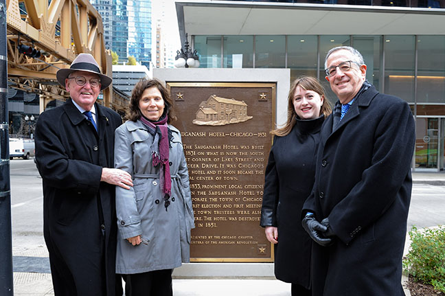 Ald. Ed Burke, from left, Abraham Lincoln Presidential Library Museum CEO Carla Knorowski, Daughters of the American Revolution Chapter President Mary Brennan, and Commissioner David Reifman at the redication of historic plaques at Wacker Drive and State Street.