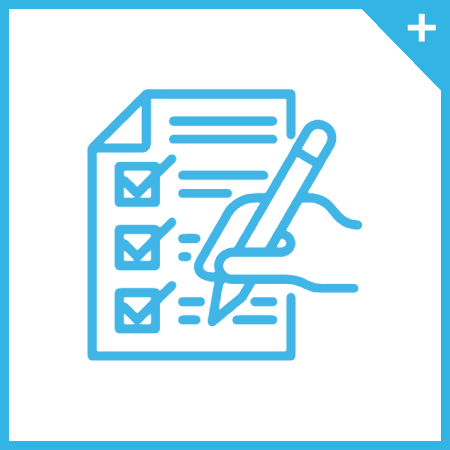 blue icon of an application with check boxes and a hand holding a pen