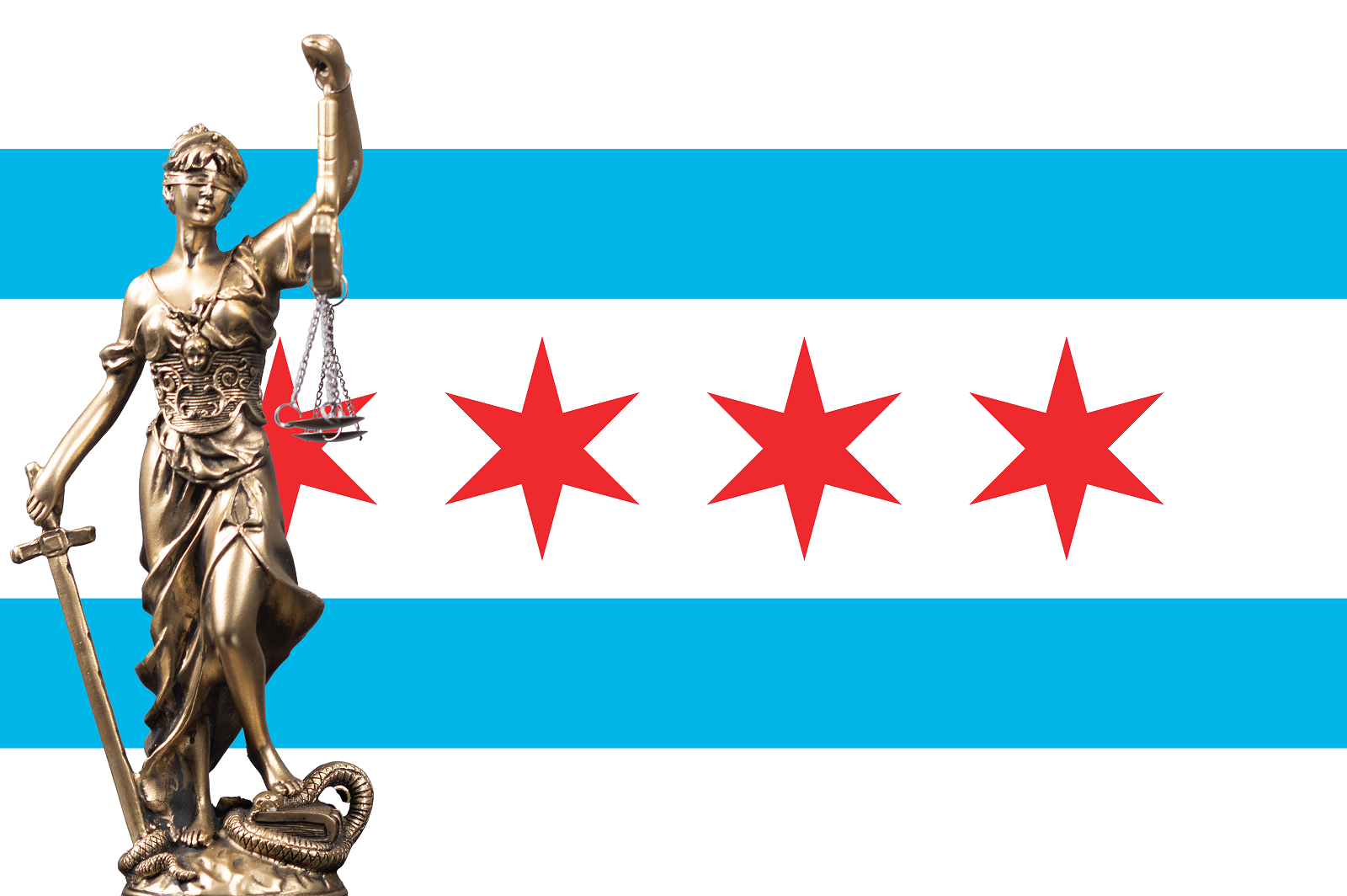 Image of a statue representing Justice standing in front of the Chicago flag.