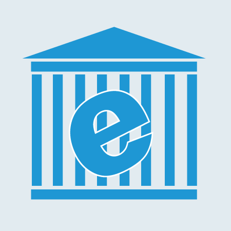 Letter E superimposed over a building with columns