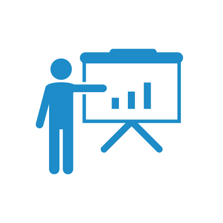 An icon of a figure of a person pointing and standing in front of a floor-mounted screen