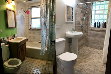Home Mod Before and After Bathroom photos. The photo on the right shows an original bathroom that had a traditional bathtub with no handrail, sink with underneath storage. The image on the left show's the modified bathroom with a tub removed, creating a roll-in shower fitted with handrails, grab bars, and a new sink with knee clearance for wheelchair access.