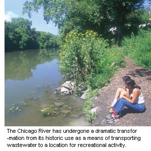 Two young women sitting on the bank of the Chicago River.