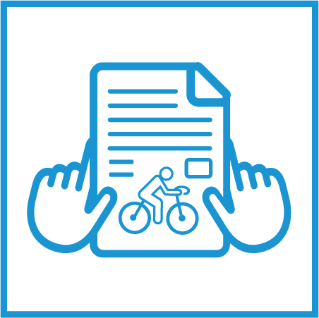 Graphic image of paper with a bike symbol on it and hands holding the paper