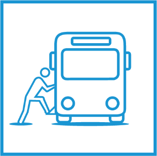 Drawing of person boarding bus with one foot on bus and one foot on ground