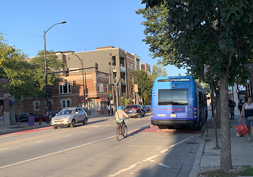 Person biking away from viewer behind CTA bus