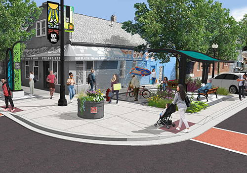 Rendering of 47th Street project showing people walking on sidewalk and sitting on street furniture
