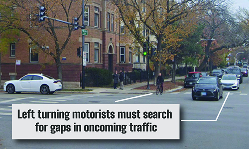 View of intersection with cars traveling through it. Left Turning motorists must search for gaps in oncoming traffic.