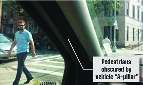 View from inside of a car showing a person walking and the car frame. Pedestrians obscured by vehicle 