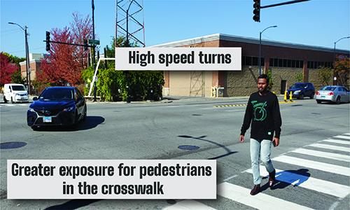 View of intersections with person walking in crosswalk and left turning vehicle yielding. High Speed turns. Greater exposure for pedestrians in the crosswalk.