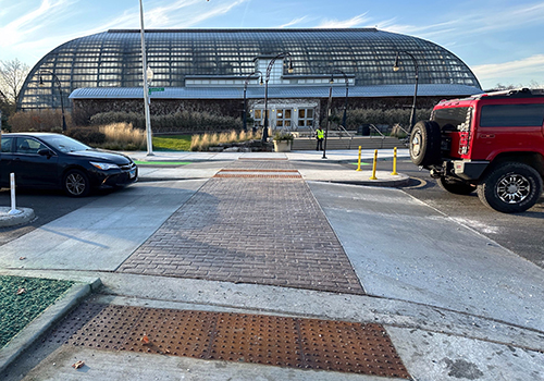 View of a raised crosswalk across a roadway