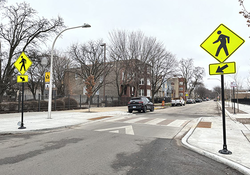 View of a raised crosswalk across a roadway