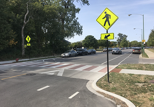 View of a raised crosswalk across a roadway