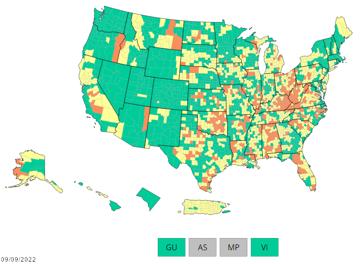 CDC Community Levels US Map 09-09-2022 with areas colored in orange/high, yellow/medium, and green/low