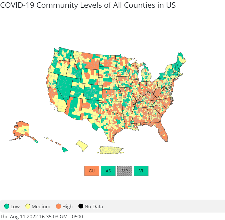 CDC Community Levels US Map 08-12-2022 with areas colored in orange/high, yellow/medium, and green/low