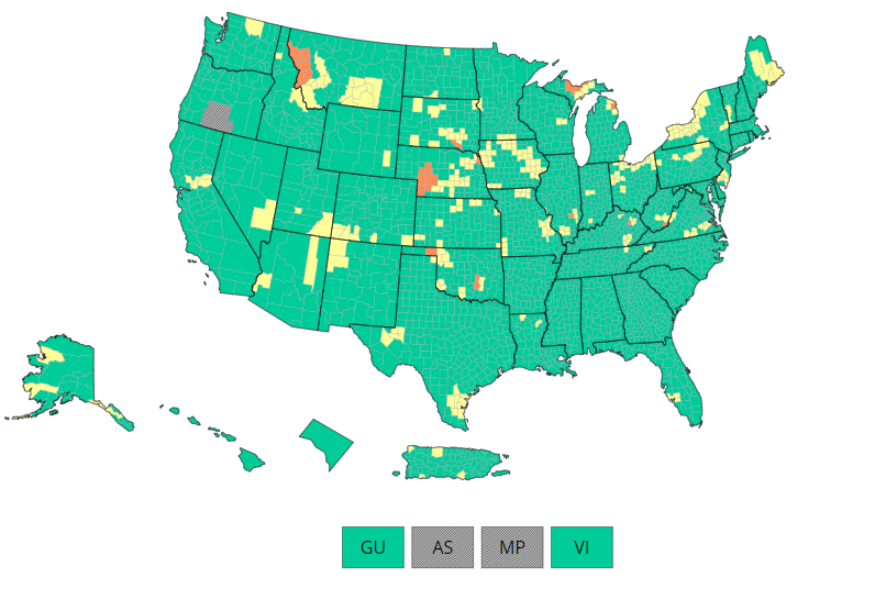 CDC Community Levels US Map 03-16-2023 with areas colored in orange/high, yellow/medium, and green/low