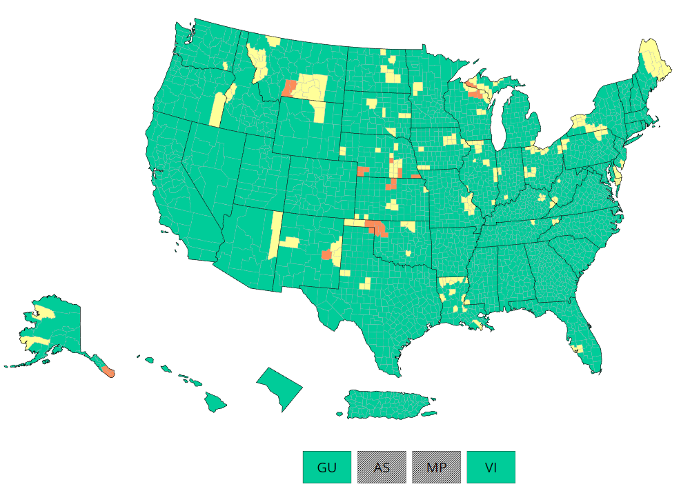 CDC Community Levels US Map 03-23-2023 with areas colored in orange/high, yellow/medium, and green/low