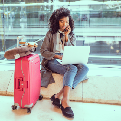 woman on phone in airport woman on phone in airport