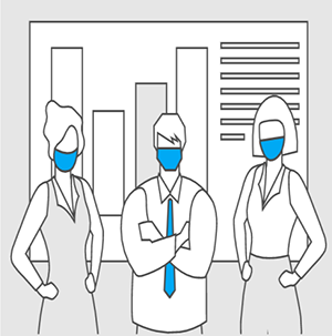 three people standing with masks on