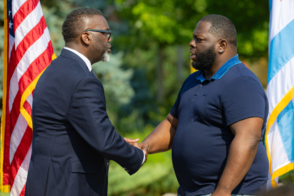 Mayor Brandon Johnson delivers remarks at the Emergency Supplemental Victims Fund Expansion Press Conference at UCAN in North Lawndale; June 2024.