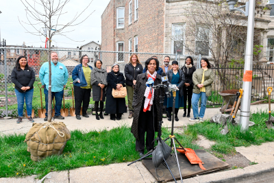 Stone Temple Baptist Church Pastor Reshorna Fitzpatrick leading Arbor Day 2022 in North Lawndale